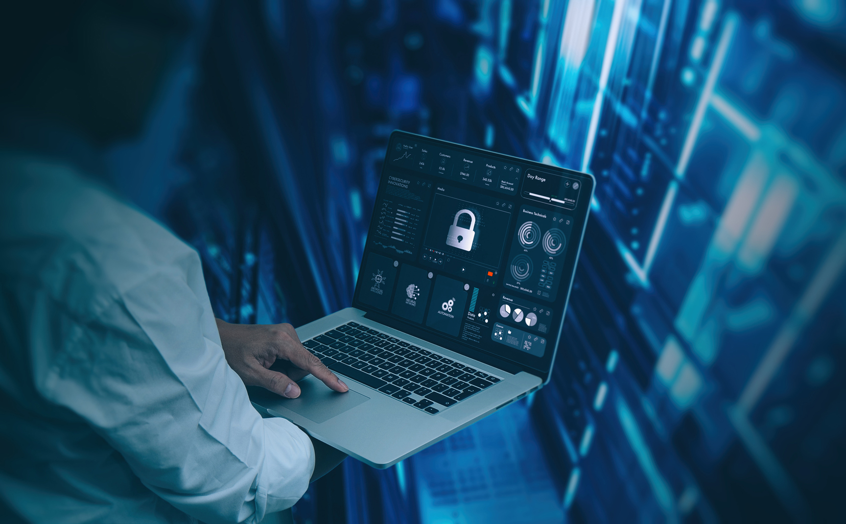 Cybersecurity innovations concept Engineer computer working with laptop computer show pad lock icon in the modern server room network background